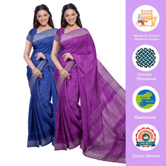 Cobalt Blue & Electric Purple women's Bhagalpuri Handloom Cotton-Linen Blend Saree Combo (Pack Of 2) With Running Unstiched Blouse Piece - View 2