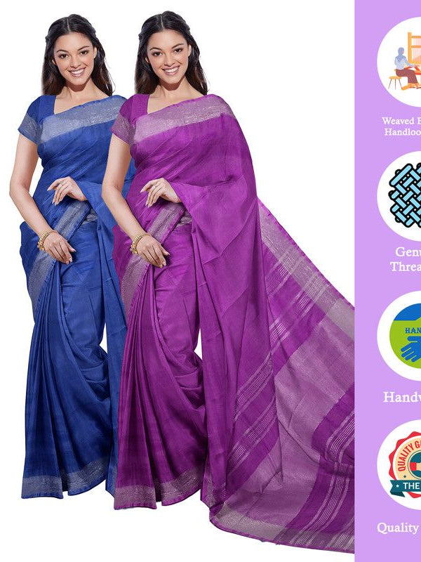 Cobalt Blue & Electric Purple women's Bhagalpuri Handloom Cotton-Linen Blend Saree Combo (Pack Of 2) With Running Unstiched Blouse Piece - View 2
