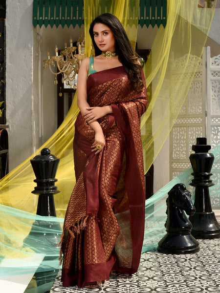 Maroon Red Cotton Tissue Silk Designer Handloom Bhagalpuri Saree