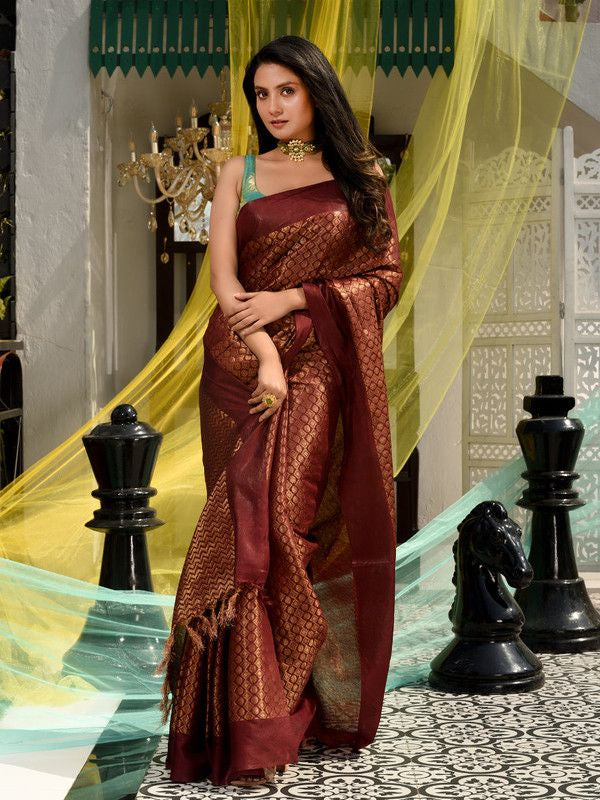 Maroon Red Cotton Tissue Silk Designer Handloom Bhagalpuri Saree