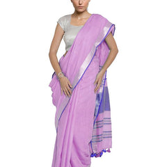 Lavender Pink-Blue women's Bhagalpuri Handloom Cotton Linen Blend Contrast Pallu Saree And Unstitched Contrast Blouse Piece