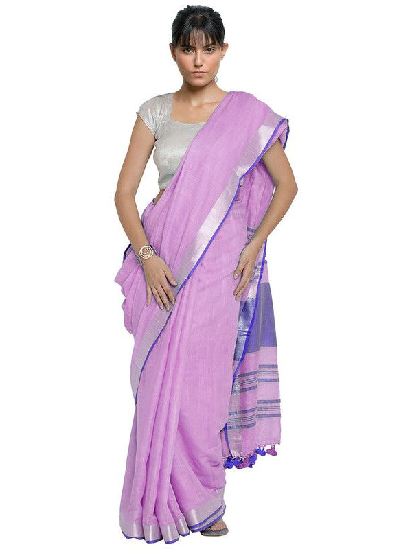 Lavender Pink-Blue women's Bhagalpuri Handloom Cotton Linen Blend Contrast Pallu Saree And Unstitched Contrast Blouse Piece