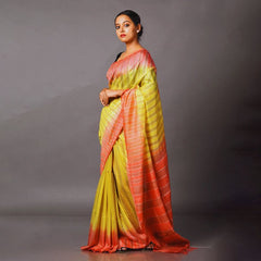 Striped Handloom Semi Tussar Silk Bhagalpuri Two Dye Saree (Wallte_Yellow & Jaffy_Orange) - View 3
