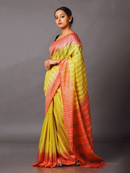Striped Handloom Semi Tussar Silk Bhagalpuri Two Dye Saree (Wallte_Yellow & Jaffy_Orange) - View 3