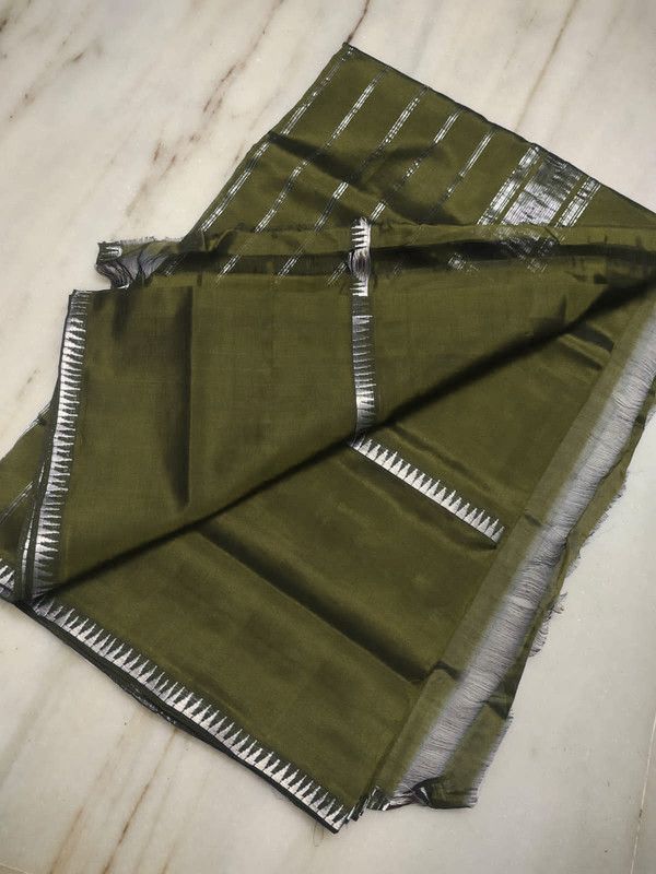 Cotton Handloom Mangalagiri Silk Saree with Temple Border (100221 Mehndi_Green)