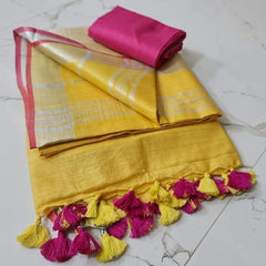 Handloom Bhagalpuri Linen Cotton Blend Contrast Border Saree for Women (12648 Yellow_Pink)