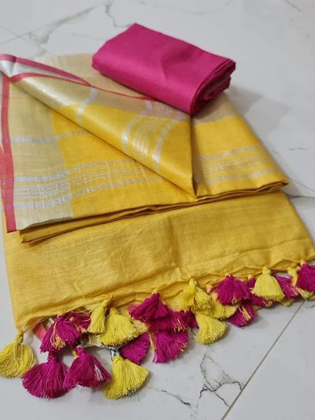 Handloom Bhagalpuri Linen Cotton Blend Contrast Border Saree for Women (12648 Yellow_Pink)