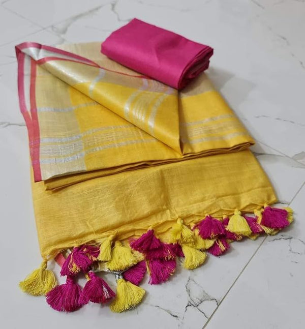 Handloom Bhagalpuri Linen Cotton Blend Contrast Border Saree for Women (12648 Yellow_Pink)