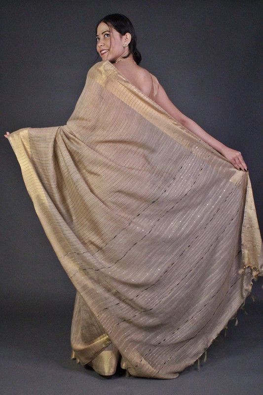 Bhagalpuri Handloom Silk Striped Sequins Saree with Blouse Piece (Brown) - View 3