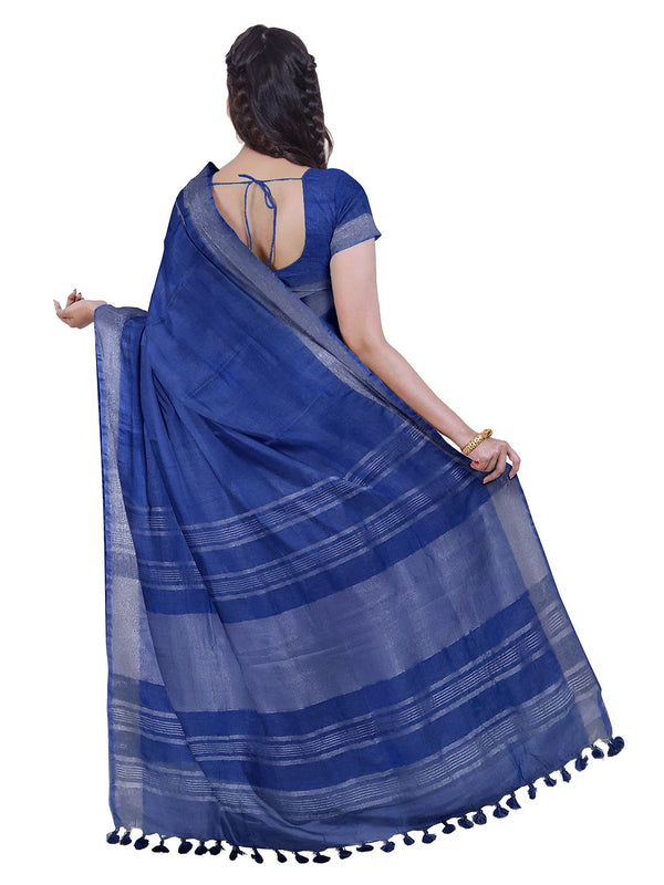 Cobalt Blue & Mint Green women's Bhagalpuri Handloom Cotton-Linen Blend Saree With Running Unstiched Blouse Piece - View 3