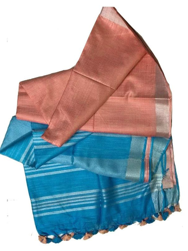 Pacific Cyan & Bittersweet Pink women's Bhagalpuri Ethnic Wear Handloom Cotton Linen Blend Zari Border Two Dye Saree With Running Unstitched Blouse Piece - View 3