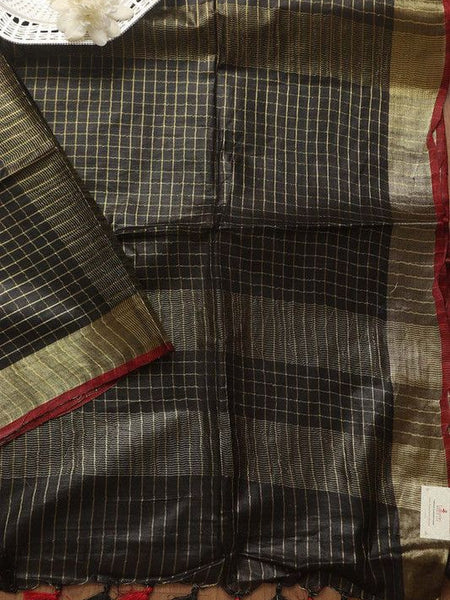 Linen Cotton Blend Handloom Bhagalpuri Check Saree with Contrast Blouse Piece - View 4