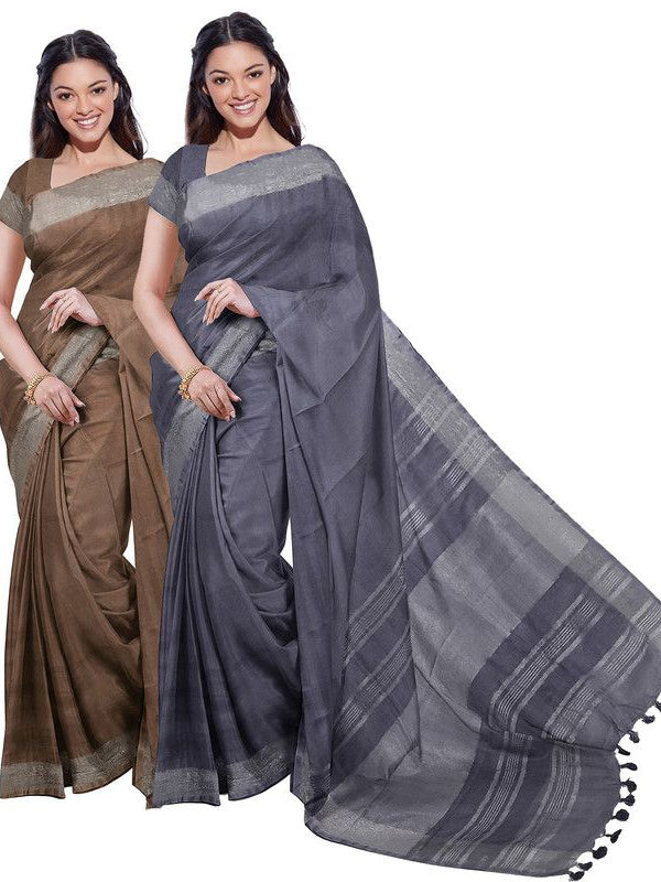 Brown & Grey women's Bhagalpuri Handloom Cotton-Linen Blend Saree Combo (Pack Of 2) With Running Unstiched Blouse Piece