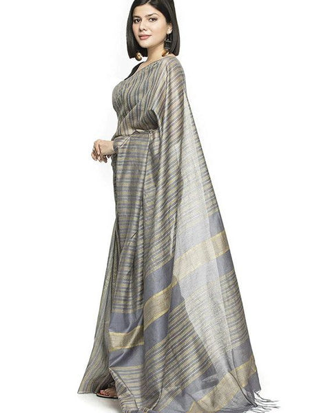 Striped Handloom Bhagalpuri Kota Silk Bollywood Saree (Grey) - View 3