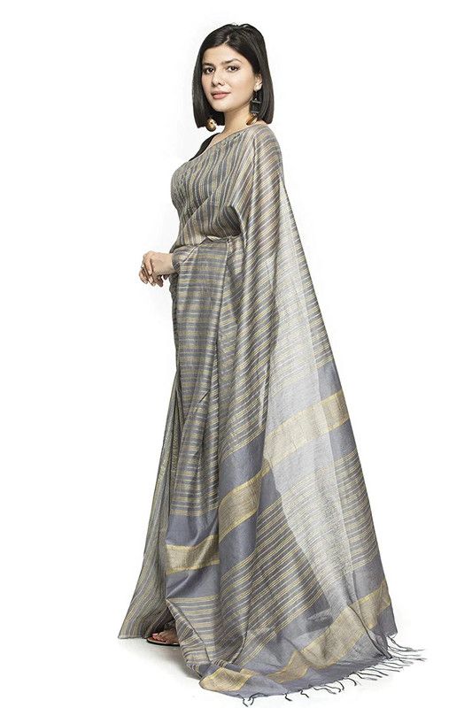 Striped Handloom Bhagalpuri Kota Silk Bollywood Saree (Grey) - View 3