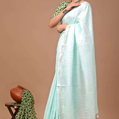 Linen Cotton Blend Handloom Bhagalpuri Saree with Zari Border (12795 Mint_Turquoise) - View 2