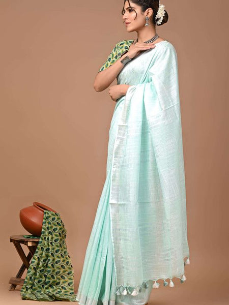 Linen Cotton Blend Handloom Bhagalpuri Saree with Zari Border (12795 Mint_Turquoise) - View 2
