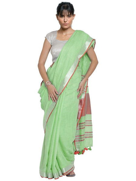 Light Green-Red women's Bhagalpuri Handloom Cotton Linen Blend Contrast Pallu Saree And Unstitched Contrast Blouse Piece