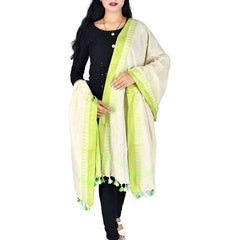 Handloom Bhagalpuri Linen Temple Border Dupatta (Parrot Green)