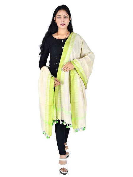 Handloom Bhagalpuri Linen Temple Border Dupatta (Parrot Green)