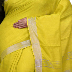 Lemon Yellow Bhagalpuri women's Handloom Linen Cotton Ethnic Wear Saree With Running Unstitched Blouse Piece - View 3
