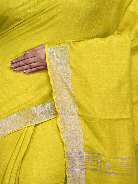 Lemon Yellow Bhagalpuri women's Handloom Linen Cotton Ethnic Wear Saree With Running Unstitched Blouse Piece - View 3