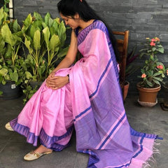 Carnation Pink women's Bhagalpuri Handloom Kota Silk Temple Border Saree And Variation Of Colors With Striped Blouse Piece - View 6