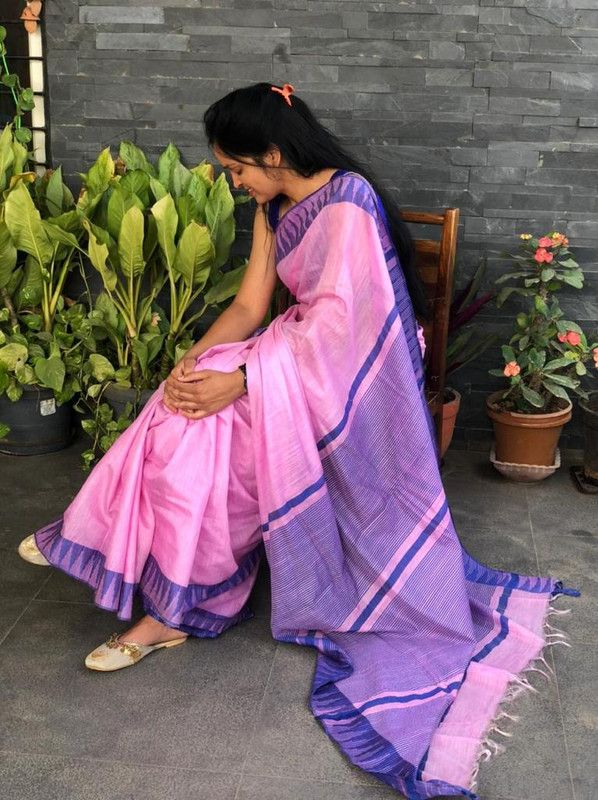 Carnation Pink women's Bhagalpuri Handloom Kota Silk Temple Border Saree And Variation Of Colors With Striped Blouse Piece - View 6