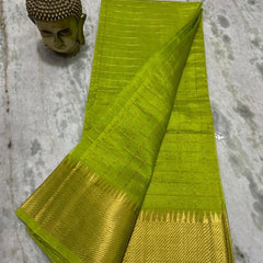 Cotton Silk Handloom Bhagalpuri Wide Border Check Saree (Gold-Parrot_Green)