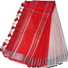 Red women's Bhagalpuri Linen-Slub Blend Two Dye Saree With Blouse Piece