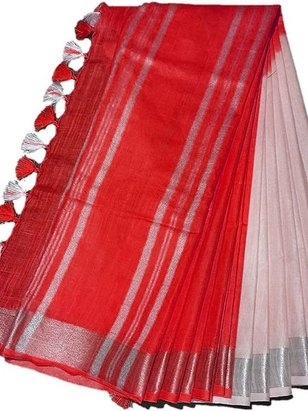 Red women's Bhagalpuri Linen-Slub Blend Two Dye Saree With Blouse Piece