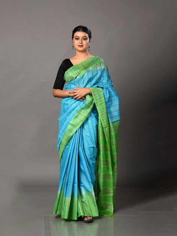 Two Dye Handloom Bhagalpuri Striped Semi Tussar Silk Saree (Fountain_Cyan & Mantris_Green)