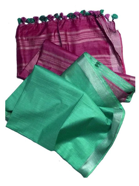 Fandango Pink & Turquoise women's Ethnic Wear Bhagalpuri Handloom Linen Blend Two Dye Saree With Running Unstitched Blouse Piece - View 2