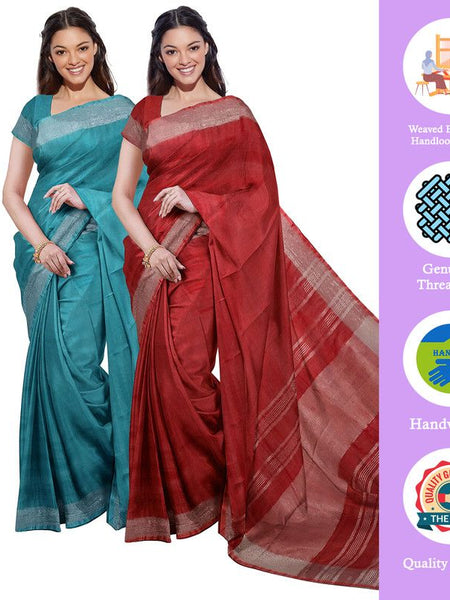 Cyan & Red women's Bhagalpuri Handloom Cotton-Linen Blend Saree Combo (Pack Of 2) With Running Unstiched Blouse Piece