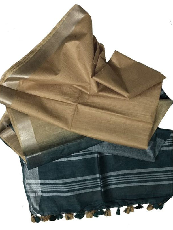 Myrtle Green & Calico Tan women's Bhagalpuri Ethnic Wear Handloom Cotton Linen Blend Zari Border Two Dye Saree With Running Unstitched Blouse Piece - View 2