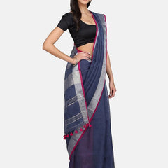 Handloom Linen Cotton Blend Contrast Bhagalpuri Saree for Women (Egyptian_Blue-Pink) - View 3