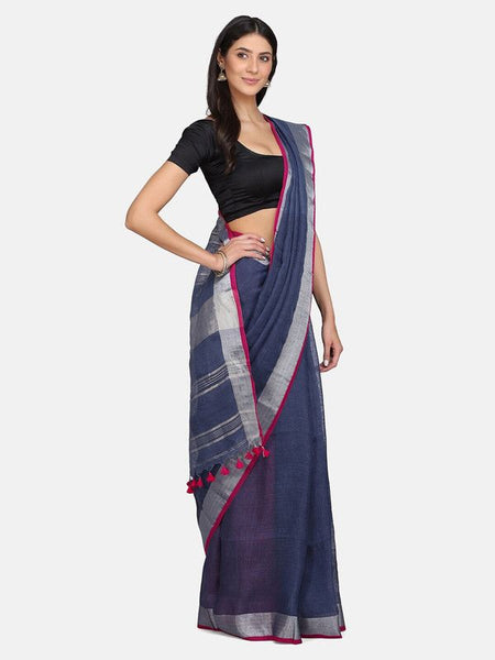 Handloom Linen Cotton Blend Contrast Bhagalpuri Saree for Women (Egyptian_Blue-Pink) - View 3