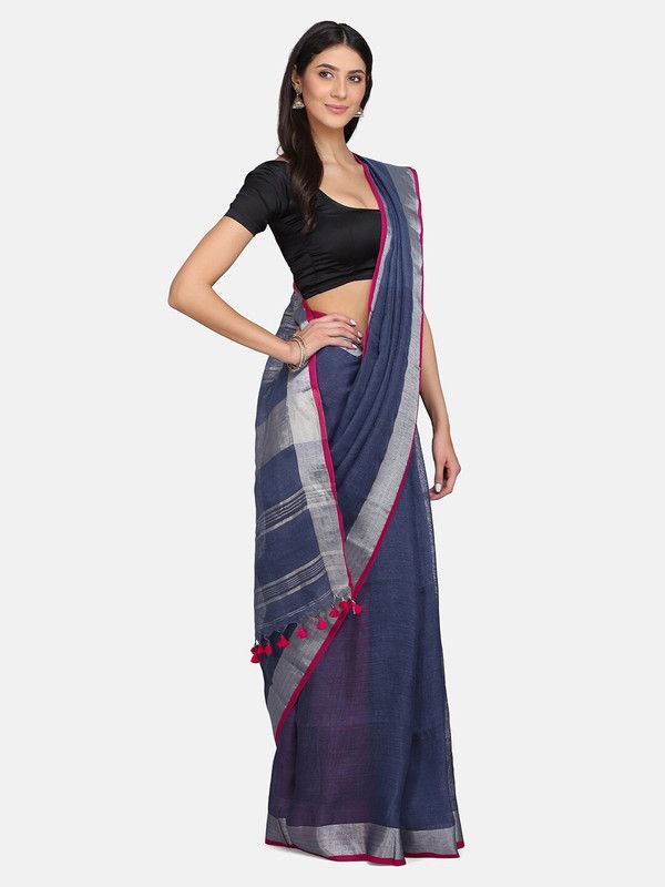 Handloom Linen Cotton Blend Contrast Bhagalpuri Saree for Women (Egyptian_Blue-Pink) - View 3