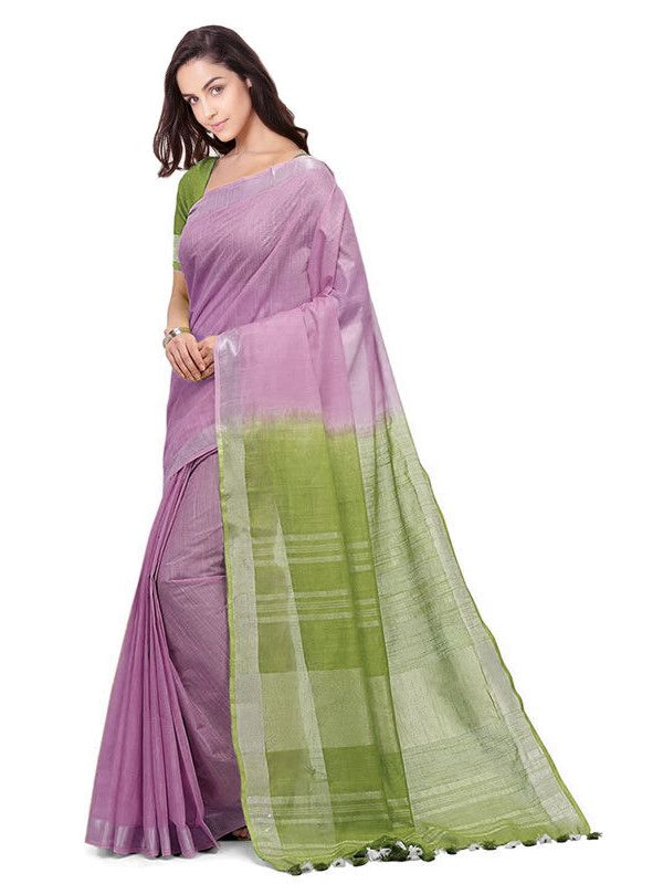Mauve Purple & Moss Green women's Bhagalpuri Handloom Pure Cotton Two Dye Saree With Running Unstitched Blouse Piece - View 4