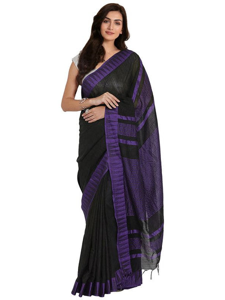 women's Bhagalpuri Handloom Katan Viscous Silk Temple Border Saree Ethnic Wear With Running Unstitched Striped Blouse Piece