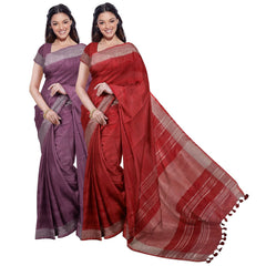 Quinacridone Magenta & Red women's Bhagalpuri Handloom Cotton-Linen Blend Saree Combo (Pack Of 2) With Running Unstiched Blouse Piece