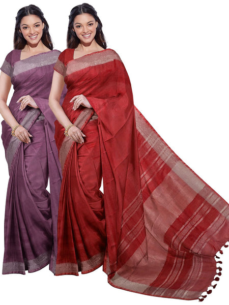 Quinacridone Magenta & Red women's Bhagalpuri Handloom Cotton-Linen Blend Saree Combo (Pack Of 2) With Running Unstiched Blouse Piece