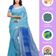 Electric Blue & Azure Cyan women's Handloom Bhagalpuri Linen Blend Two Dye Saree With Running Unstitched Blouse Piece - View 2