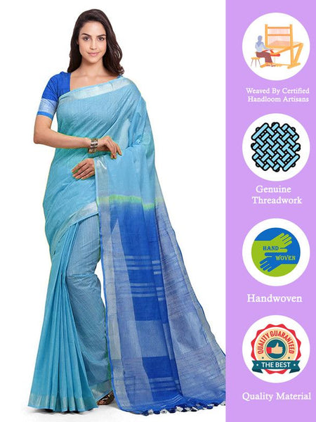 Electric Blue & Azure Cyan women's Handloom Bhagalpuri Linen Blend Two Dye Saree With Running Unstitched Blouse Piece - View 2