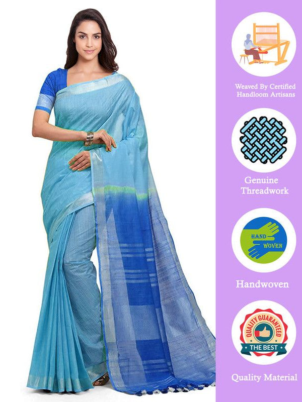 Electric Blue & Azure Cyan women's Handloom Bhagalpuri Linen Blend Two Dye Saree With Running Unstitched Blouse Piece - View 2