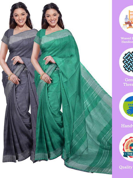 Bhagalpuri Handloom Cotton-Linen Blend Saree Combo (Pack Of 2) With Running Unstiched Blouse Piece - View 2