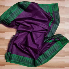 Semi Tussar Silk Handloom Temple Border Bhagalpuri Saree (100175 Byzantium_Purple-British_Green)