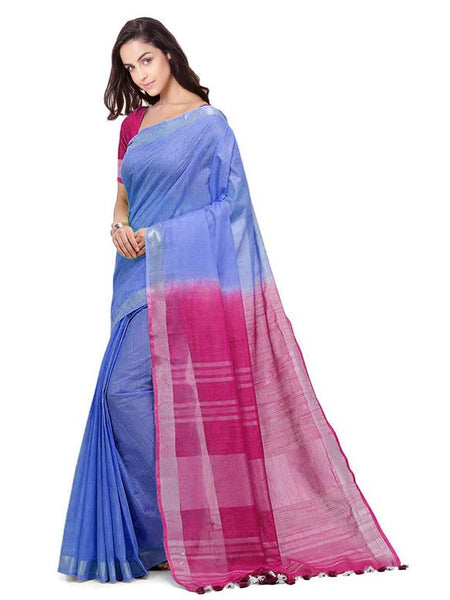 Bhagalpuri Handloom Linen Slub Blend Two Dye Saree With Running Unstitched Blouse Piece - View 3