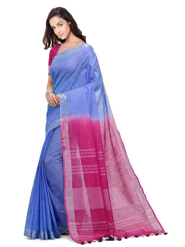 Bhagalpuri Handloom Linen Slub Blend Two Dye Saree With Running Unstitched Blouse Piece - View 3