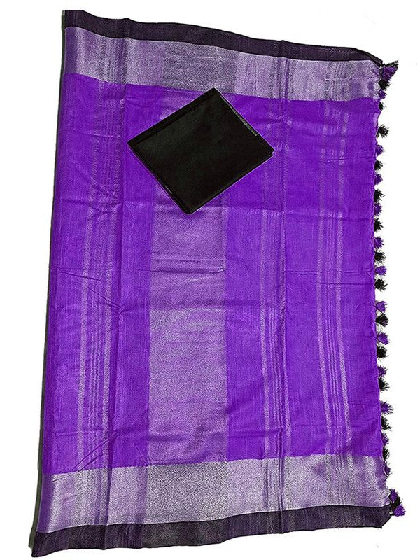 Bhagalpuri Handloom women's Linen Slub Blend Saree With Black Pipin Contrast Blouse Piece - View 2